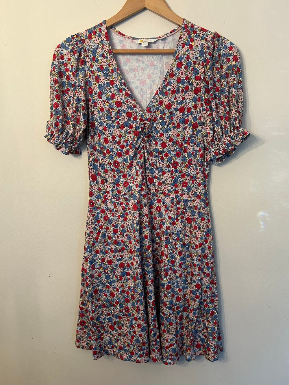 Boden Floral V-Neck Mini Tea Dress 2R Knit Pockets Garden Party Coquette Cottage